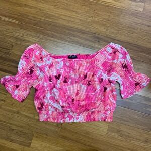 Lane Bryant Floral Crop‎ Top Womens Size 14/16 Off Shoulder Ruffle Sleeve Pink
